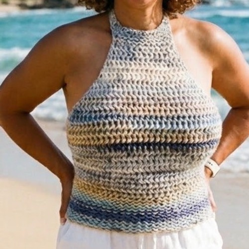 Handmade Crochet Halter Top Gray Blue Cream Striped Boho Beach Festival